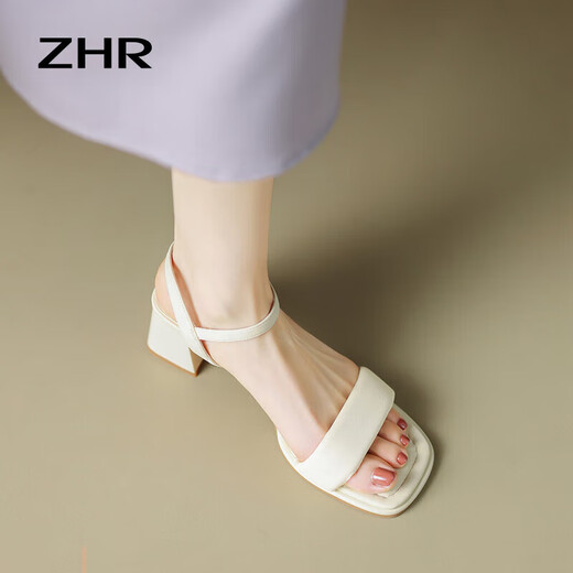 ZHR凉鞋女简约时尚高跟鞋粗跟经典一字带搭扣凉鞋女 Y718 米色 38