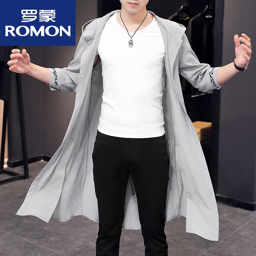 罗蒙（ROMON）防晒风衣男士中袖薄款长款开衫上衣夏季新款纯色简约短袖外套男 白色902中袖翻领长款 M