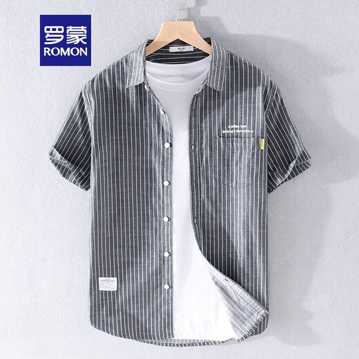Romon 2025 Camisa de manga corta para hombres Japonés bordado bordado Top de rayas sueltas delgadas y de algodón Evergrande 9740 Negro L120Jin [Jin equivale a 0.5 kg] sobre