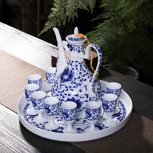 Xihe Yinyao Xihetang Jingdezhen Ceramic Wine Set Liquor Goblet Spirit Cup Blue and White Wine Pot Set Wine Cup Snow Scenery Style (1 Pot, 10 Cups, 1 Tray)