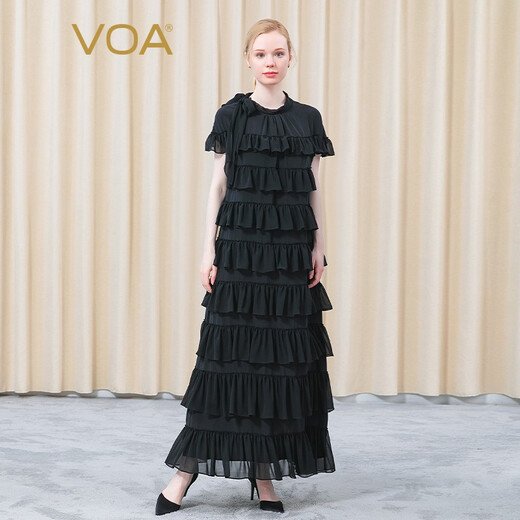 Voa Silk Double crêpe STRAP ROUND COUP DÉCORATIVE MANDE COURT COURTÉE GÉOGRÉTÉ GÉOGRENTE MURBERNE BLACK MURBERNE SOLK LONGE AE826 DARK COMPENIR (B13) M