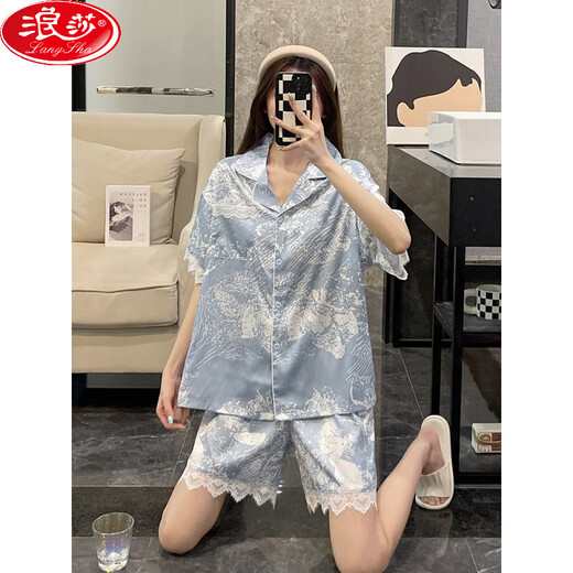 Langsha Ice Silk Pyjamas Frauen Sommer dreiteiliger Set kurzärmelig dünnes großer Eis Silk Sommer Internet Promi Wind Sky Blue Home Kleidung LT-3888 Rabbit-Three-Piece Set m