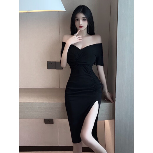 
YiJINGXUAN (YIJINGXUAN) sexy pleated deep V-neck low-cut high waist slim and slit hip-packing dress dance hot girl skirt nightclub main picture L 105-115Jin [Jin equals 0.5 kg]