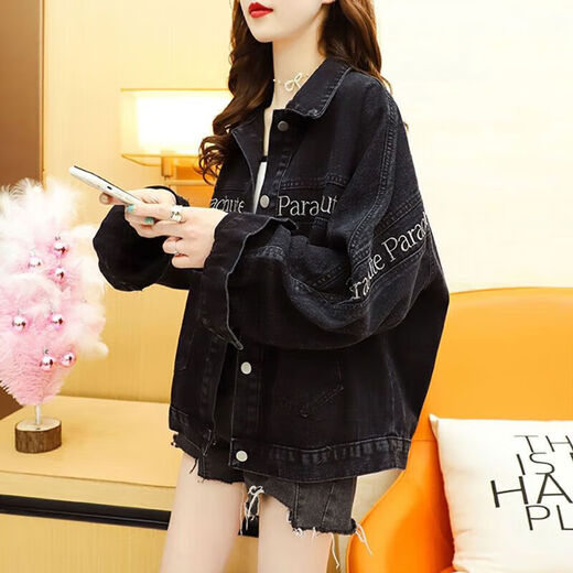 FHHUABD Guangzhou Xintang Jeans Women's Autumn Denim Clothes Jacket Korean Loose 2024 Trend 9926# Picture Black S S Recommended 80100Jin [Jin equals 0.5 kg]