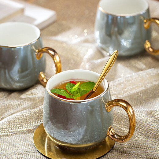 Huangtong Jingdezhen light luxury tea set ceramic cup set water cup complete set of water set household Nordic style high-end gift Aegean Sea Galaxy Gray 8-piece set gift box