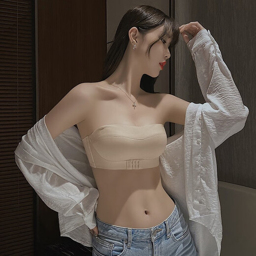 Maolu Valentine's Day Gift Strapless Bra No Wires Anti-Exposed Wedding Dress Sexy Push-up Small Breast Beautiful Back Underwear Women Skin Color Bra + Underwear 75A B-Cup