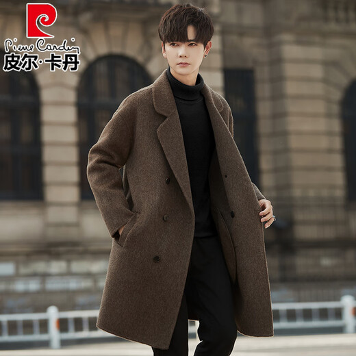 皮尔卡丹高档羊毛大衣男士中长款双排扣双面羊毛呢子外套男妮子风衣男士 深灰色 (亲肤骆驼绒) 2XL (190斤以上)
