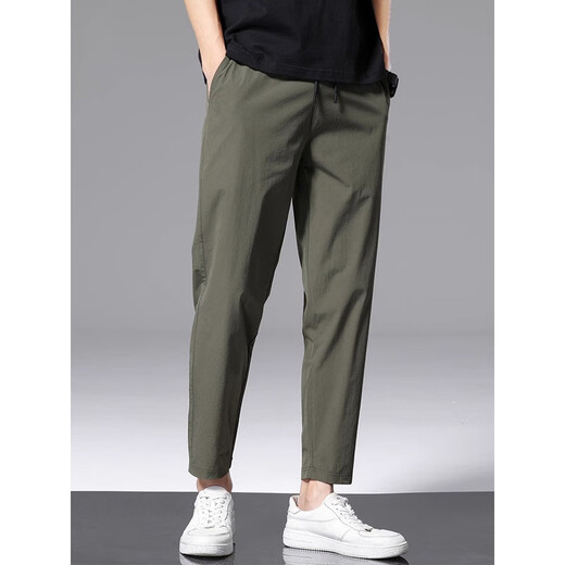 真维斯（Jeanswest）春夏新款休闲裤男潮牌宽松运动裤子透气冰丝青年休闲九分裤男 718军绿 L