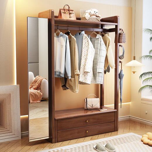 普莱蒂旺衣架置物架落地全实木挂家用卧室带镜子储物简约衣帽架穿衣镜多功 实木环保原木色【100CM】 可折叠