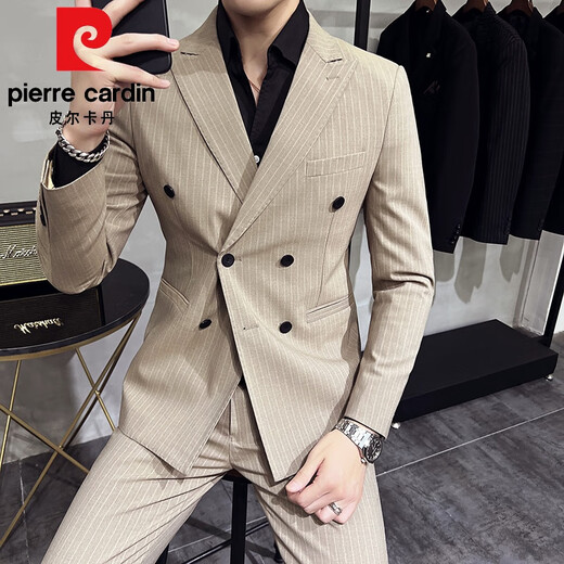 Pierre Cardin fashion brand double-breasted suit men's suit wedding business casual formal dress two-piece striped suit jacket gray 52/XL