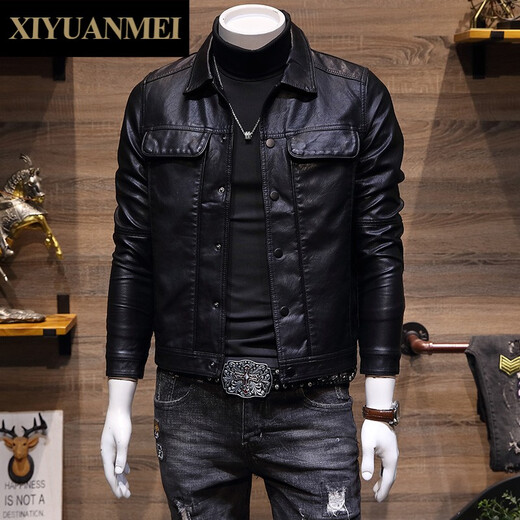 Nishihara Beauty Fashion Brand Leather Jacket for Men Spring and Autumn Korean Style Trendy Lapel Handsome Casual Slim Motorcycle Leather Jacket FD6874 Black Velvet M