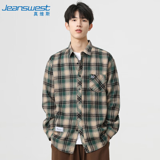 JEANSWEST long-sleeved shirt men's 2025 autumn young and middle-aged men's plaid loose versatile plaid shirt green XL