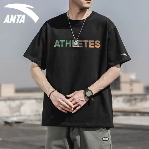 安踏（ANTA）短袖t恤男2025春夏季透气圆领潮牌半袖宽松印花字母打底衫上衣男 -2基础黑【棉涤】 L /175 适合120-140斤