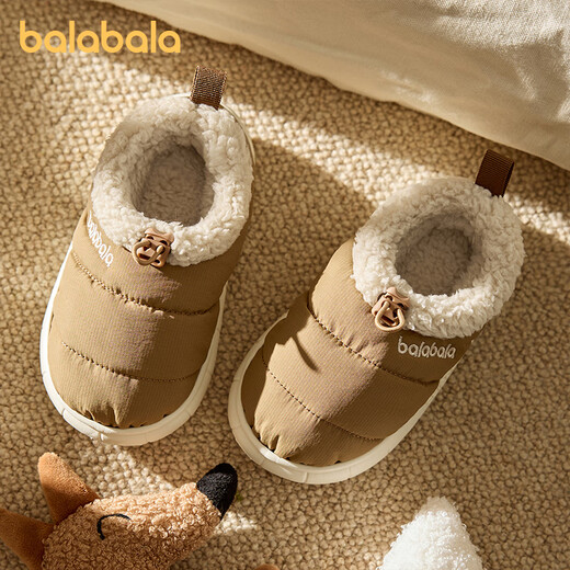 Balabala children's slippers winter warm indoor plus velvet thickening home shoes for boys and girls baby middle and large children bag heel cotton slippers brown 21 inner length 14cm suitable for feet 13-13.5cm