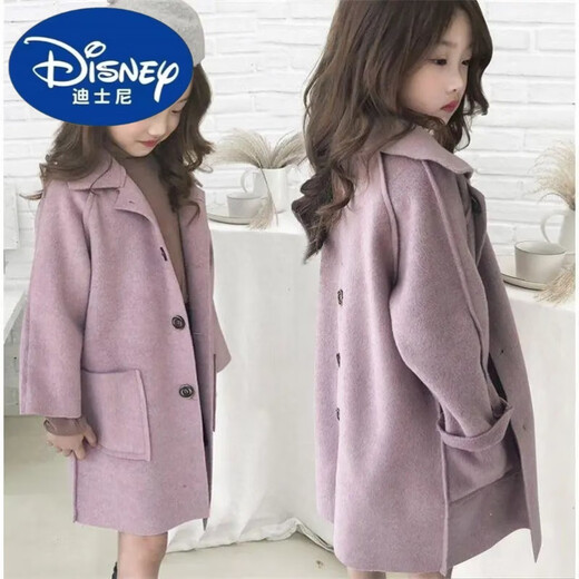 Disney Girls' Spring Clothing 2024 Large Children's Reversible Woolen Coat Korean Style Children's Spring and Autumn Clothing Woolen Coat Pink Double-Sided Woolen Coat 150