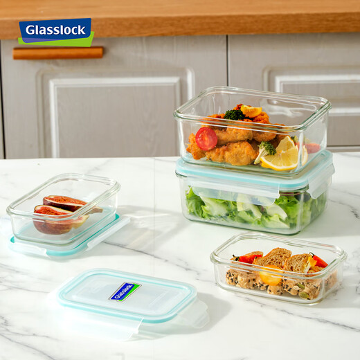 GLASSLOCK Boîte à lunch coréenne en verre trempé résistant à la chaleur, réfrigérateur à micro-ondes, bac à légumes multi-spécifications, ensemble rectangulaire 400 ml + 695 ml + 1090 ml