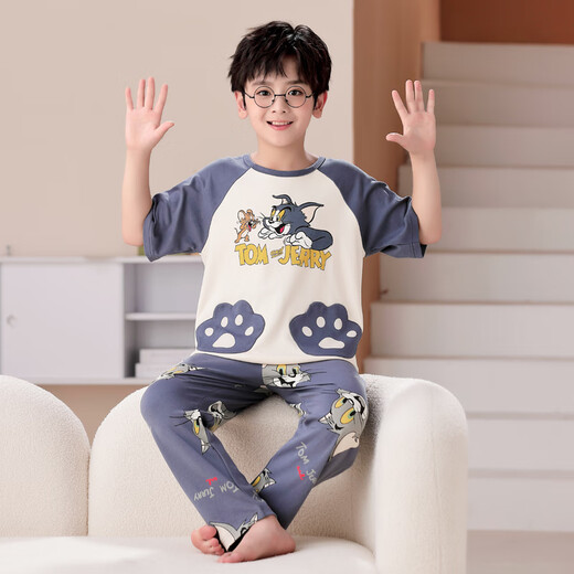 EMBERLOVE男童睡衣纯棉儿童春秋薄款短袖长裤套装大童青少年男孩空调家居服 N9903【短长】 165 L码，【100斤-115斤】
