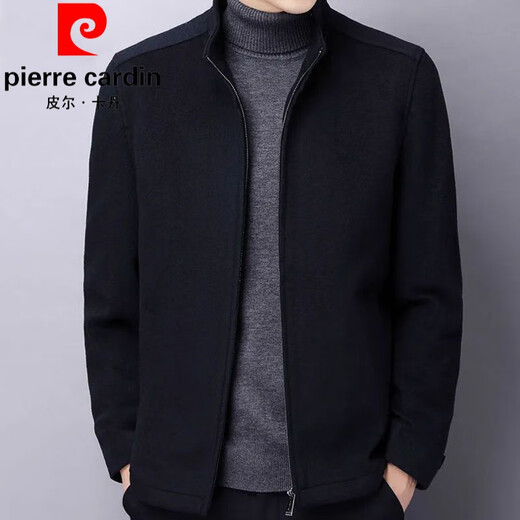 皮尔卡丹（pierre cardin）羊毛呢夹克男士冬季立领中年加棉加厚爸爸装保暖商务休闲外套针织 黑色【单里】立领款 M 【80-115斤】】