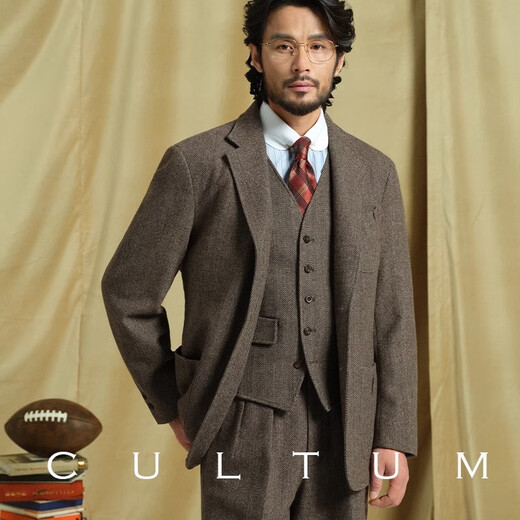 CULTUM wool tweed herringbone autumn and winter thickened wool suit suit men's casual retro suit jacket gray herringbone three-piece set S (52)