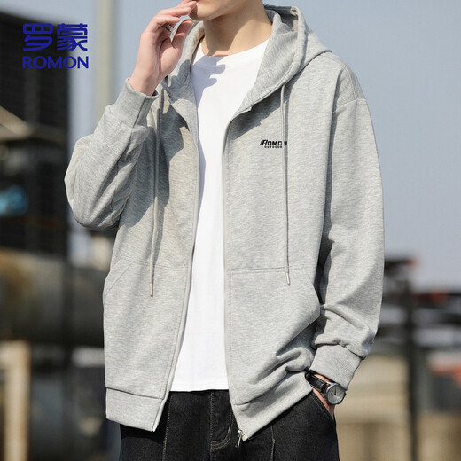 ROMON sweatshirt men's autumn loose casual jacket men's versatile hooded cardigan top men WY333 light gray L