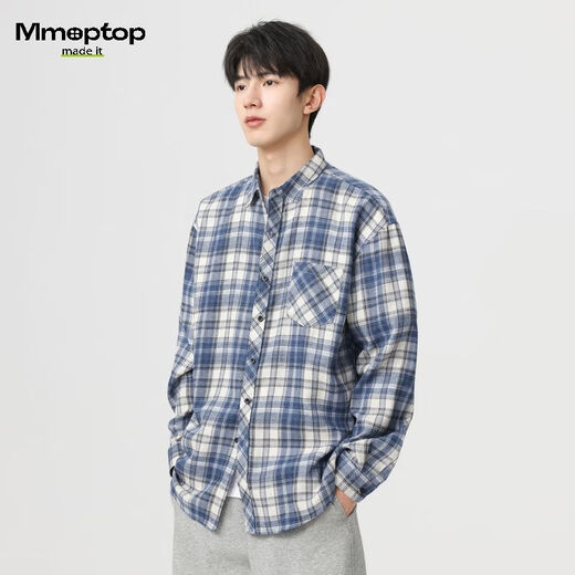 MMOPTOP日系复古长袖格子衬衫男士秋冬季潮流宽松休闲衬衣2209深蓝XL