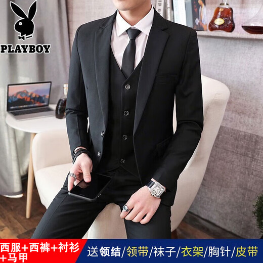 Playboy Suit Suit Men's Jacket Korean Slim Fit Groomsmen Wedding Business Casual Professional Formal Small Suit Men Two-Button Black Suit + Vest + Shirt + Gift Bag XL 175