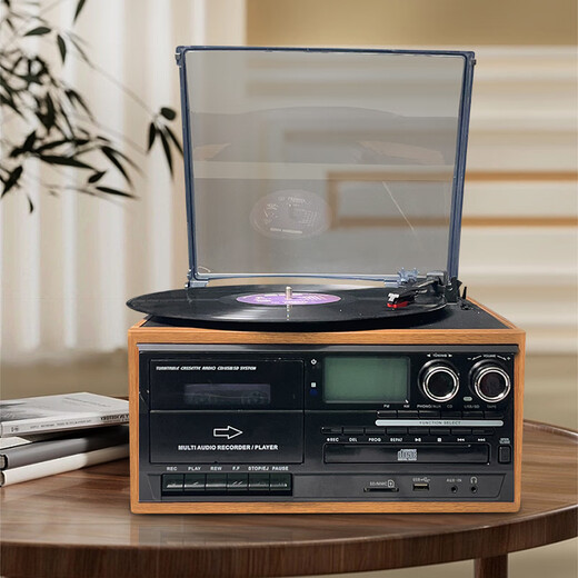 Heritage family tape player, vinyl CD all-in-one multi-functional antique tape player, vinyl record player, retro gramophone, Bluetooth audio, home living room ornaments, vinyl tape all-in-one player, oak color (black panel)