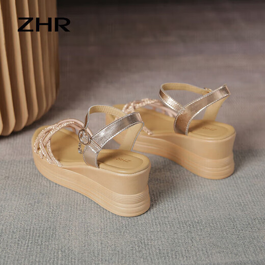 Sandales de coin zhr pour les femmes Summer Real Cow Hide Sole Sole pour femmes Chaussures à la mode à la ceinture mince et à talons hauts pour femmes AY92 Champagne 37