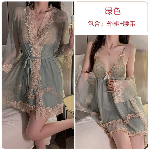 性感内衣纯欲网纱睡衣加胸垫聚拢睡裙外袍女家居服套装角色扮演夫 P3886绿色(短裤) XL
