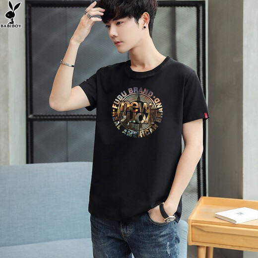 BABIBOY short-sleeved T-shirt men's summer new trend Hong Kong style solid color casual men's Korean version youth sports printed tops slim round neck clothes bottoming T-shirt 6016 zigzag blue + 6044AD peak black + 6036 trendy shoes white XL code