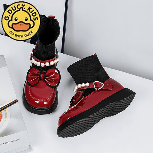 G.duck Little Yellow Duck Girls' Shoes Small Leather Shoes 2025 Children's Short Boots Princess Martin Boots Autumn and Winter Little Girls Black Boots HDL-Red 818 (Single Shoe) Size 31 Inner Length 19.3cm
