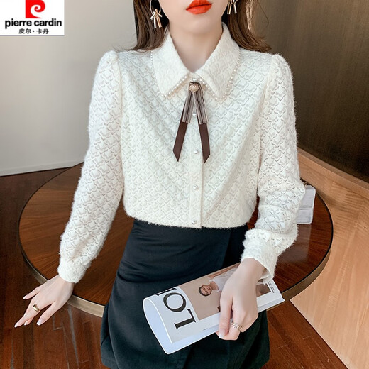 Pierre Cardin plus velvet thickening bottoming shirt for women new French style small man top with POLO collar lace shirt off-white regular XL