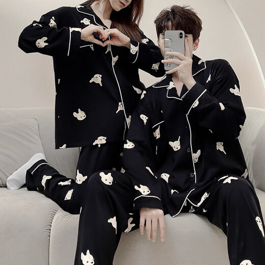 Bo Na Ling couple pajamas for one man and one woman, spring and summer cardigan, long-sleeved trousers, casual men's pajamas, women can wear outside home clothes set, puppy print pajamas, men's XL