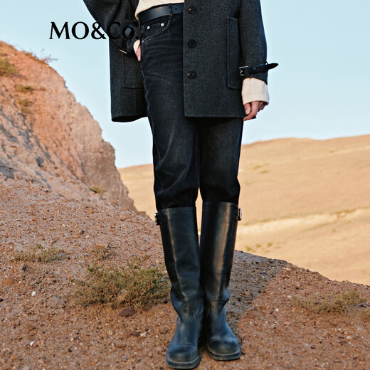 MO&Co. jeans tailored mid-high waist nine-point small straight tapered washed black hand-rubbed Nekosuma Anko denim black L 28