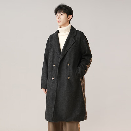 Dingfengbaoluo Korean style woolen coat for men winter mid-length thickened coat high-end double-breasted HK09 matte black L