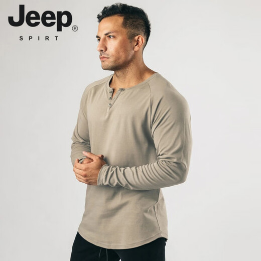 JEEP SPIRIT Retro Heavy Henley Long Sleeve T-Shirt Solid Color Sports Fitness Bottoming Shirt Men's Pure Cotton Stretch Thin V-Neck Cardigan Black L