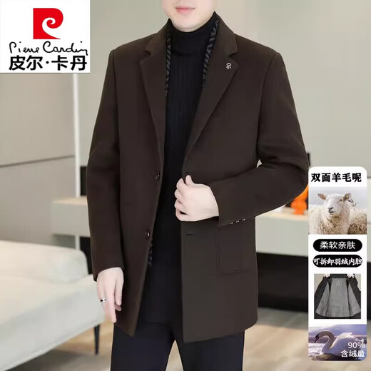 皮尔卡丹（pierre cardin）高档双面羊毛呢大衣男西装领围巾脱卸羽绒内胆男士羊毛呢外套男 黑色【72羊毛+可脱卸羽绒内胆】 L 【121-140斤】