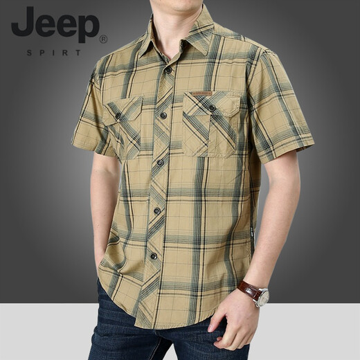 JEEP SPIRIT夏季短袖衬衫男纯棉宽松大码装格子双口袋工装上衣SPIRIT 5009-卡其 5XL