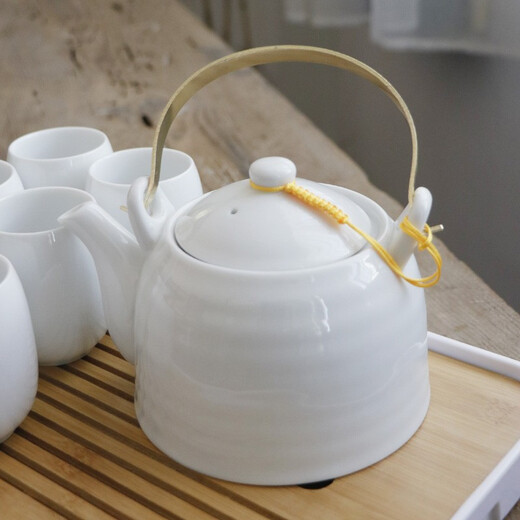 Gushengji pure white simple tea set household Jingdezhen high white ceramic underglaze color teapot tea cup large handle pot pure white simple (1 pot 6 cups + bamboo tray)