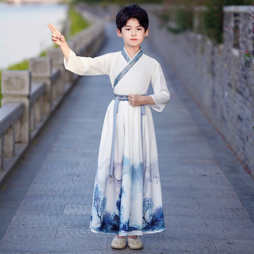 安妮优儿男童汉服中国风少爷公子秋装儿童古装帅气学生国学服 灰色 140