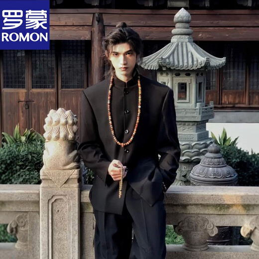 ROMON New Chinese style tunic suit, Chinese style stand collar loose suit suit for men's wedding and engagement, Chinese style high-end black jacket + pants XL