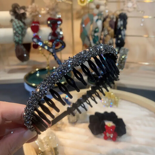 Shufen headband, high-end, light luxury, retro velvet, sparkling diamonds, broken hair, toothed anti-slip face wash headband, bangs headband, hair accessories, black starry headband F1737 black