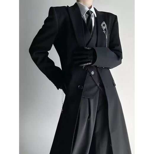 Riren returns to Yamamoto style long suit jacket for men and women, unisex style high-end black shoulder coat, windbreaker, men's suit, suit + white shirt tie + trousers, three-piece suit without brooch XL recommended 120-135 Jin Jin is equal to 0.5 kg