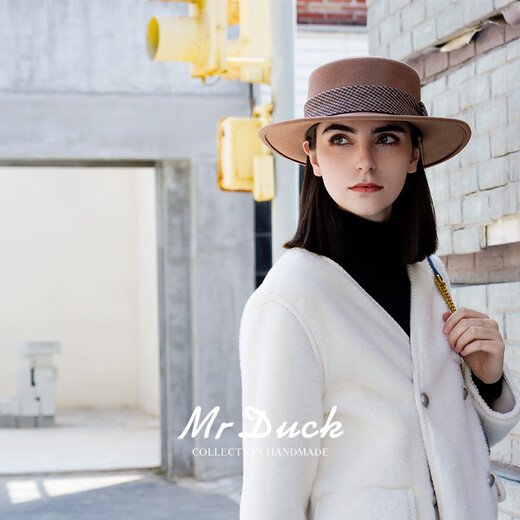 Mr DUCK Light Luxury Style Elegant Houndstooth Web Flat Top Hat Autumn and Winter High-end Wear Hepburn Fashionable Top Hat for Women MW216280-Medium Camel/Platinum Web (7cm) S (52-54CM Head Circumference)