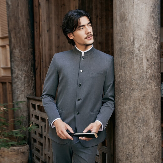 Qipai Chinese stand-up collar/rhino pleat men's fake two-piece stand-up collar gentleman's business blended suit light gray 50 (B50)