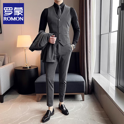 ROMON high-end suit men's British style suit business professional formal wear large size loose groom and groomsmen wedding dress medium gray two buttons suit + vest + trousers M (suitable for 100-110 Jin Jin equals 0.5 kg)