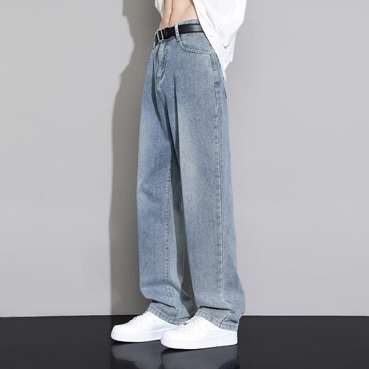 Nebel Sky Jeans Herren Sommer Dünne losen amerikanischen Casual Hosen für die Trendy-Wäsche von Jungen Retro Wide-Leg Hosen 718-K870 Dark Blue M (Empfohlen 110-130jin [Jin entspricht 0,5 kg]))