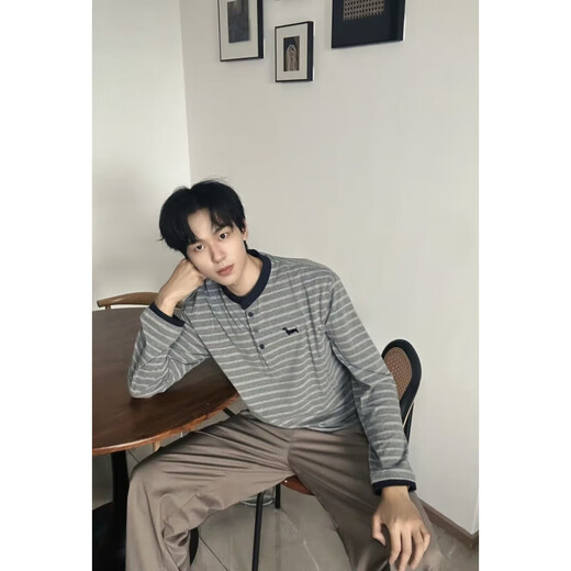 College Style Striped Henley Collar Sweatshirt Men's Autumn 2025 New Loose Lazy Long Sleeve T-Shirt Bottoming Shirt Top Striped XL Recommended 120-140Jin Jin equals 0.5 kg
