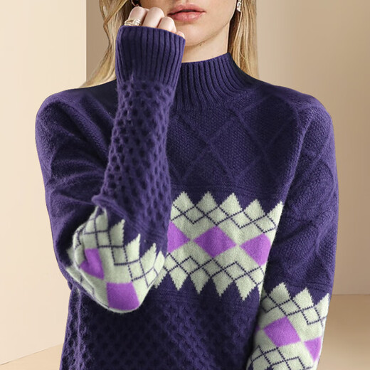 Difelige European и American Retro Jacquard Purple Sweater для женщин 2024 Новый зимний свободный случай повседневного внутреннего свитера Цвет 3xl