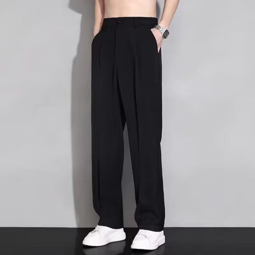 畅登冰丝小西裤男夏季薄款美式阔腿直筒宽松潮牌休闲长裤子垂感西装裤 黑色 XL